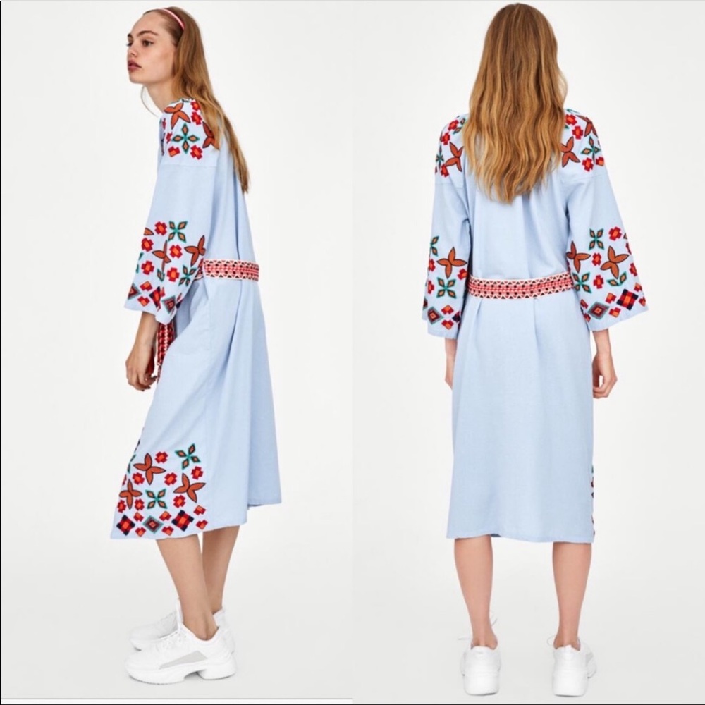 ZARA EMBROIDERED MIDI DRESS WAISTBAND BELT TASSELS